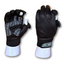Load image into Gallery viewer, A pair of black gloves showing palm and back of hand for dog walking with openings at the finger tips on thumb and second finger, grip material on the palm, fastened with magnets when open. Non- snag velcro wrist fastening with dogloves logo