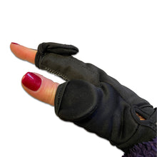 Load image into Gallery viewer, photo showing finger flaps on dog walking gloves flipped back to expose finger. fastened with magnet
