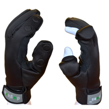 Load image into Gallery viewer, A pair of black gloves for dog walking  with openings at the finger tips on thumb and second finger, fastened with magnets when open. Non- snag velcro wrist fastening with dogloves logo
